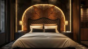 Luxurious Hotel Room with Copper Headboard Arches and Sophisticated Ambiance photo