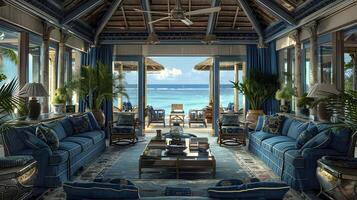 Luxurious Beach Villa Interior with Breathtaking Ocean Views and Tropical Plants photo