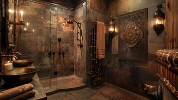 Luxe Bathroom with Copper Accents and Rainstorm-Style Steam Tower photo