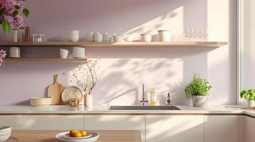 Light Purple Scandinavian-Style Kitchen with Douglas Fir Shelves and Back-Painted Glass Countertops photo