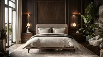 Luxurious Elegance in a Dark Wood Paneled Bedroom with Vintage Accents and Soft Lighting photo