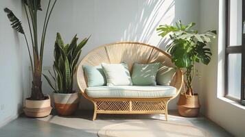 Minimalist Apartment's Rattan Love Seat Surrounded by Lush Indoor Plants for Ultimate Relaxation photo