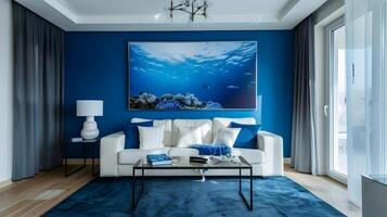 Luminous Living Room with Underwater Paradise Painting and Modern Fittings photo