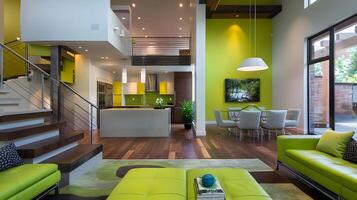 Lime Green Accented Modern Living Room with Open Concept Kitchen and Dining Area photo