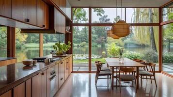 medio siglo moderno cocina con vista a un tranquilo japonés jardín y lago foto