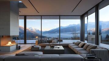 Minimalist Living Room Glowing with Warm Light Amidst Snowcapped Mountains at Dusk photo