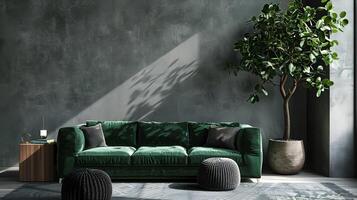 Minimalist Living Room with Green Velvet Sofa Illuminated by Natural Light photo