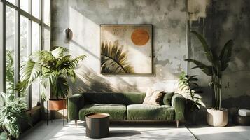 Industrial Living Room with Green Velvet Sofa Basks in Natural Light and Flair photo
