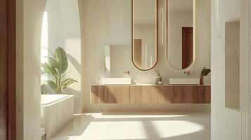 Minimalist Bathroom Sanctuary Elegant Wooden Vanity Bathed in Soft Natural Light photo