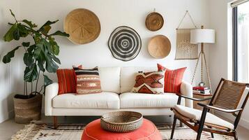 Light-Filled Contemporary Living Room with Bohemian Decor and Woven Basket Wall Art photo