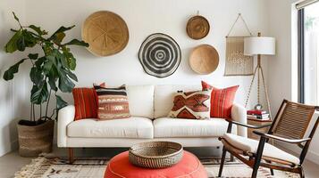 Light-Filled Contemporary Living Room with Bohemian Decor and Woven Basket Wall Art photo