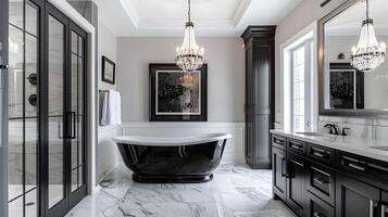 Luxurious Monochrome Bathroom with Freestanding Tub Exuding Timeless Elegance and Harmonious Design photo