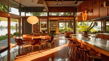 Midcentury Modern Kitchen with Lake View Serene Scandinavian Design and Warm Hues photo