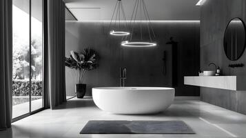 High-End Monochrome Bathroom with Luxurious Freestanding Tub and Contemporary Chandelier photo