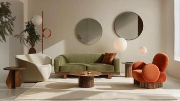 Experience Serene Solitude in a Zen-Inspired Living Room with Olive Green Sofa and Cheerful Coral Armchair photo