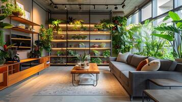 Industrial Living Room Harmoniously Integrates Lush Green Urban Jungle Theme with Scandinavian Design photo