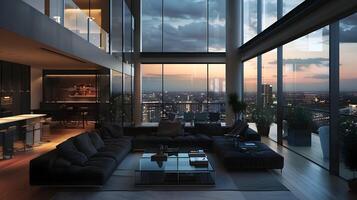 Elegant Penthouse Living Room with City Views and Modern Decor at Dusk photo