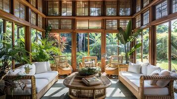 Expansive Sunroom Adorned with Rattan Furnishings Offers Cozy Corner Overlooking Lush Greenery photo