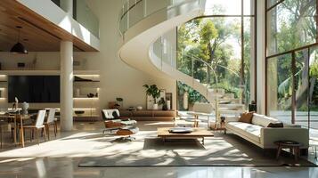 Elegant Spiral Staircase in Modern Living Room Basked in Serene Natural Light and Greenery Views photo