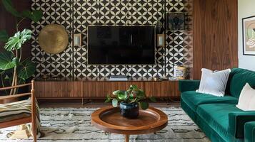 Geometric Wallpaper and Wood Accents Adorn a Chic Midcentury Modern Living Room photo