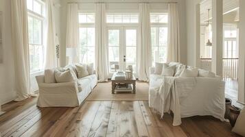 Ethereal Living Room Serene Farmhouse Style with White Linen and Rustic Wood photo