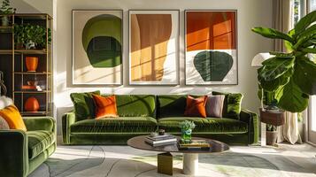 Emerald Velvet Sofa Basks in Sunlight and Abstract within a Modern Living Space photo