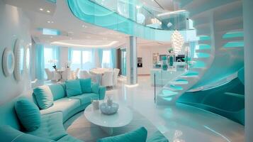 futurista vivo espacio saturado en turquesa y blanco un alto final hogar diseño con un vaso espiral escalera foto