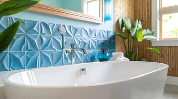 geométrico azul loseta acento pared adorna brillante, sostenible baño diseño foto