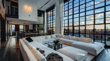 Fashionable Urban Loft Interior with Spacious Living Room and Stunning New York City Skyline View photo