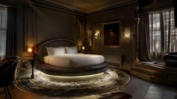 Elegant Parisian Luxury Circular Bed adorning a Sumptuous Hotel Room with a Jacuzzi Oasis photo