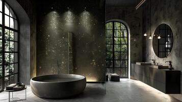 Ethereal Light Illuminating Modern Industrial Bathroom with Round Bathtub and Olive Green Accent Wall photo