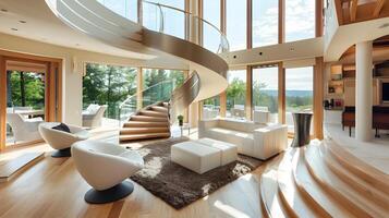 Elegant Modern Home Interior with Spiral Staircase and Forest View photo
