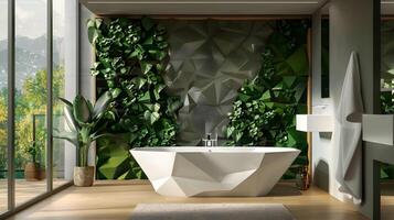 Geometric Bathroom Oasis A Modern Retreat with a Freestanding Tub and Lush Green Wall Art Overlooking Nature photo