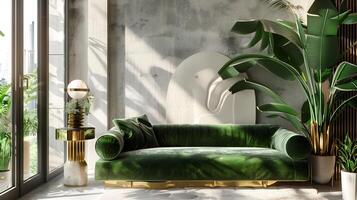 Emerald Velvet Sofa in Luxurious Urban Refuge Adorned with Abstract Art Installation and Lush Houseplants photo