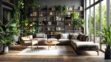 industrial vivo habitación oasis exuberante verdor rodea minimalista mueble en de inspiración escandinava urbano selva foto