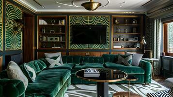 Emerald Velvet Art Deco Living Room with Geometric Wallpaper and Zebra Print Rug photo