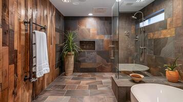 Experience Tranquility in this Earthy Bathroom Oasis with Rustic Wood and Stone Tiles photo