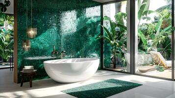 Emerald Mosaic Wall Oasis A Modern Bathroom Embracing Luxury and Tranquility with Tropical Flair photo