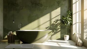 Elegant Olive Green Freestanding Bathtub Basks in Sunlight in Modern Bathroom photo