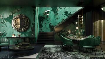 Emerald Green Dining Room with Modern Furniture and Black Staircase photo