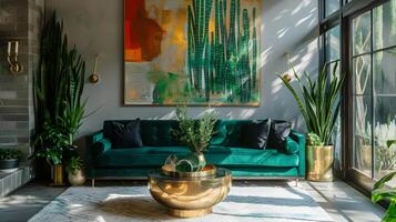 Esmeralda verde terciopelo sofá y oro café mesa adornado con serpiente plantas en un lujoso retirada con resumen pintura y piso a techo ventanas foto