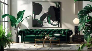 Esmeralda terciopelo sofá en moderno vivo habitación con negro y blanco pintura y tropical plantas foto