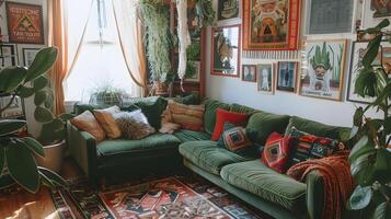 Emerald Green Velvet Sofa adorns a Vibrant Bohemian Living Room with Earthy Tones and Cozy Vintage Posters photo