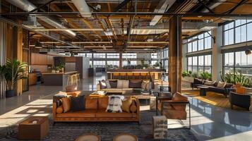 Industrial Open Concept Office Space Urban Oasis for Collaborative Work photo