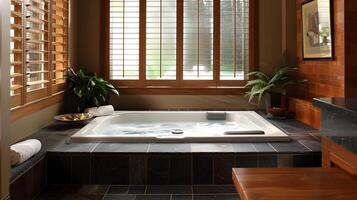 Elegant Stone Jacuzzi in Luxurious Bathroom Inspired by Serene Spa Experience photo