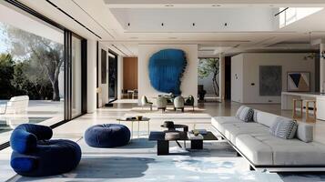 Elegant Modern Living Room in Beverly Hills Mansion with Blue Accents and Striking Abstract Art photo