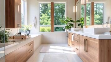 Elegant Teak Wood Accents Adorning a Light-Filled Modern Bathroom photo