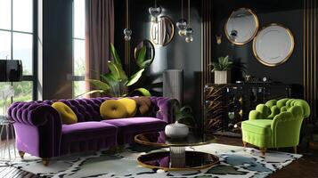 Indulge in Luxurious Living with Plush Purple Sofa and Lively Lime Armchair in Stylish Space photo