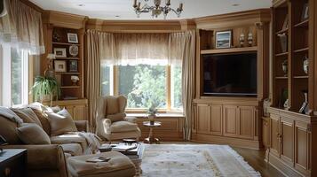 Elegant Light Wood Built-in Cabinets Adorn Sun-Kissed Living Room with Handcrafted Maple Detailing photo