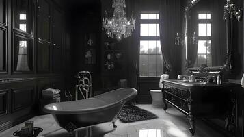 Elegant Gothic Bathroom with Crystal Chandelier and Vintage Furniture photo